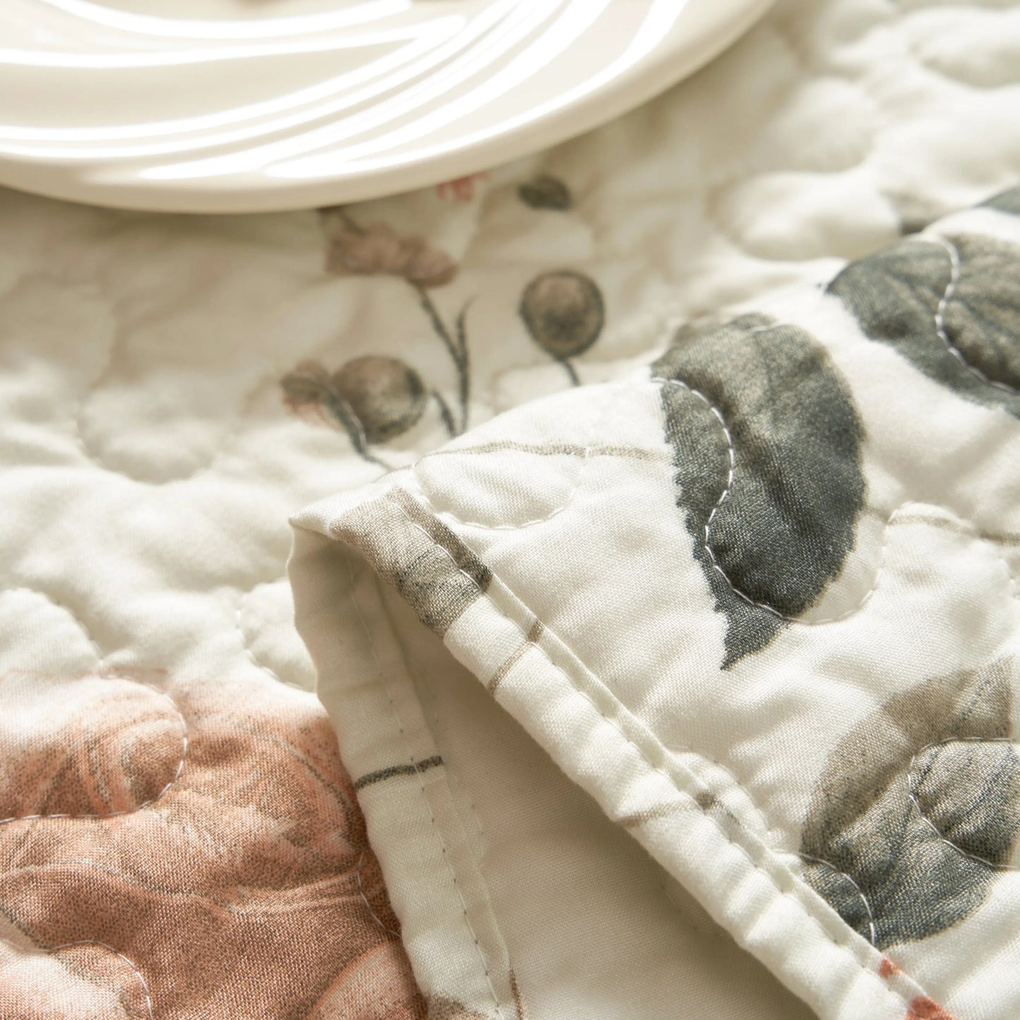 Reversible Dinner Table Runner – DaDalogy Enchanted Meadow Quilted Floral Microfiber Table Runner in Beige, Rose & Soft Olive Green DaDa Bedding Collection