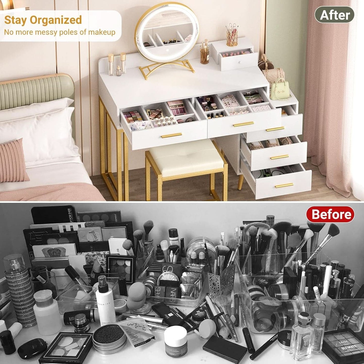 White Vanity Desk With Integrated Illuminated Mirror