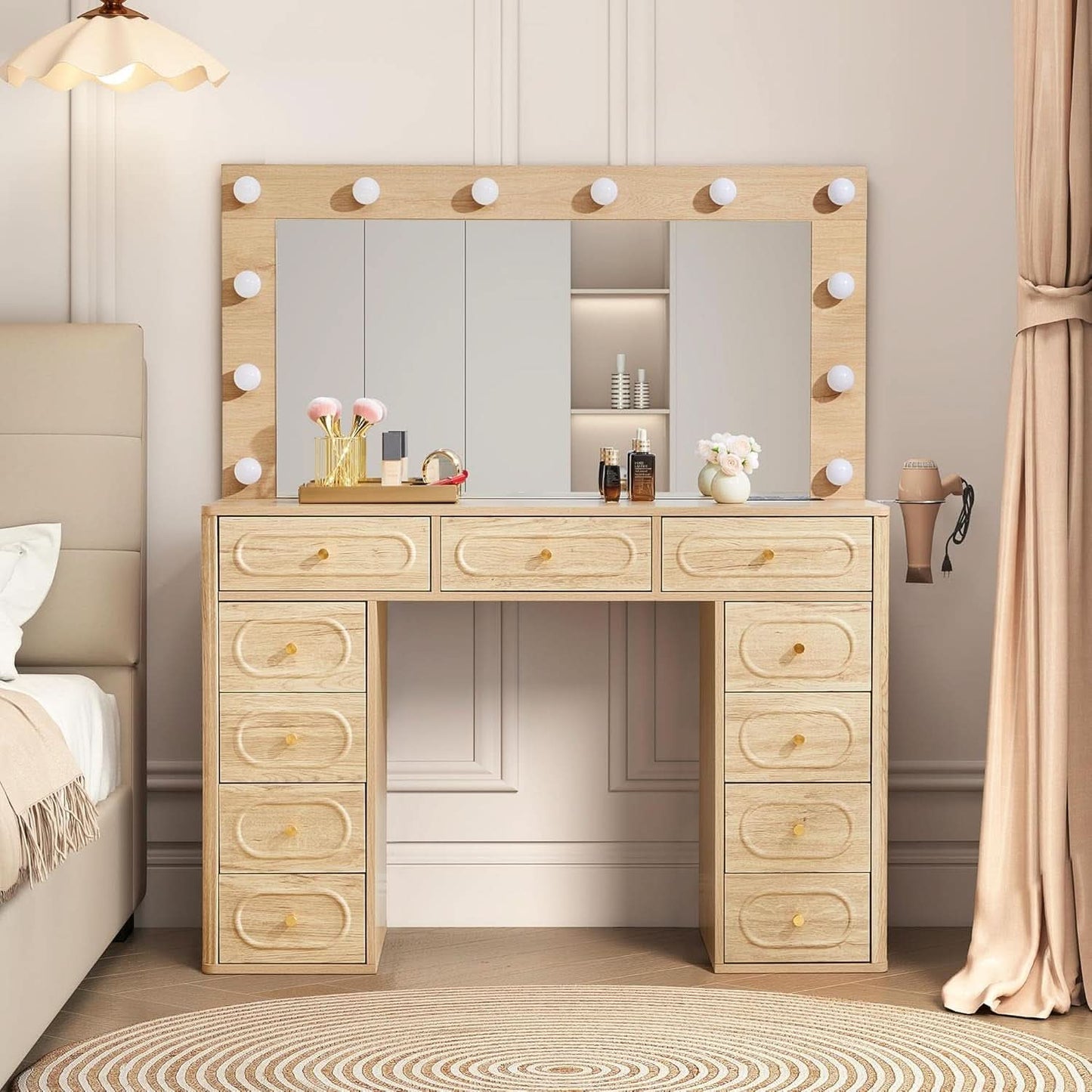 Fluted Vanity Desk Illuminated Mirror Storage Compartments