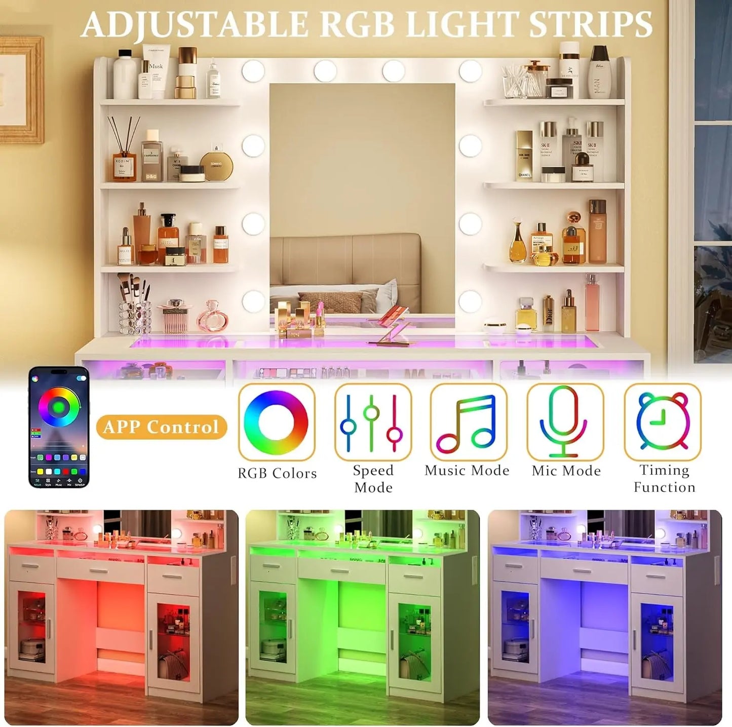 {{Pink Illuminated Vanity Desk With Premium LED  Mirror}} {{Product vendor}}