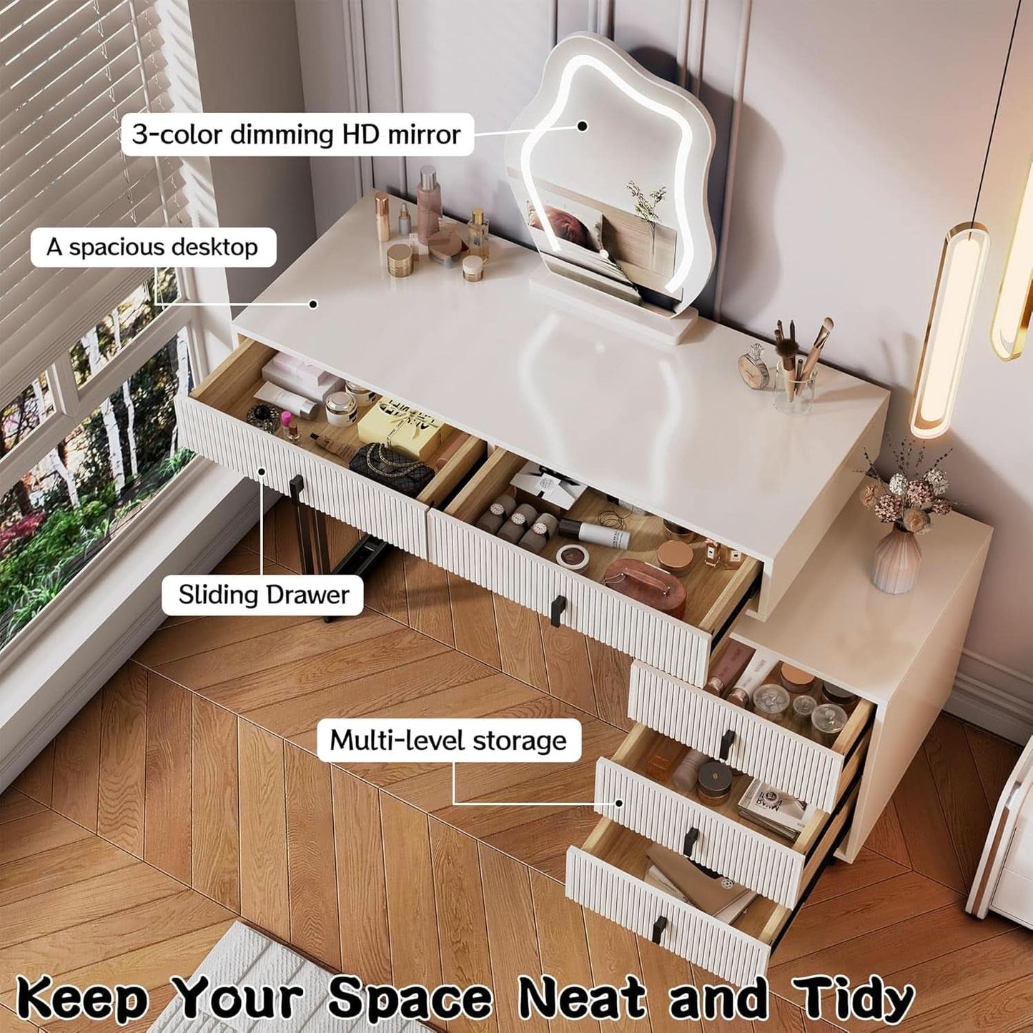 Compact Vanity Desk With Illuminated Mirror Drawers