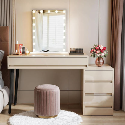 Glossy Beige Vanity Desk With Reversible FiveDrawers