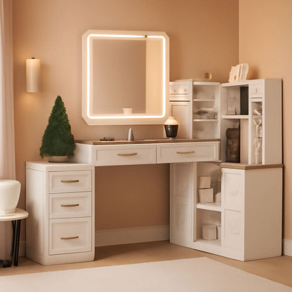 White Vanity Desk With Luxurious Illuminated Mirror