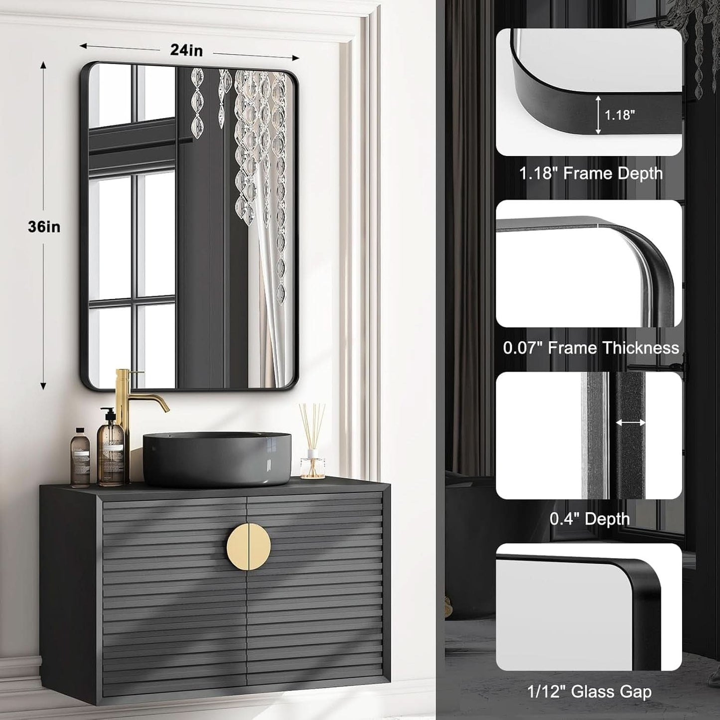 24x36 Matte Black Rectangular Mirrors Bathroom Vanity