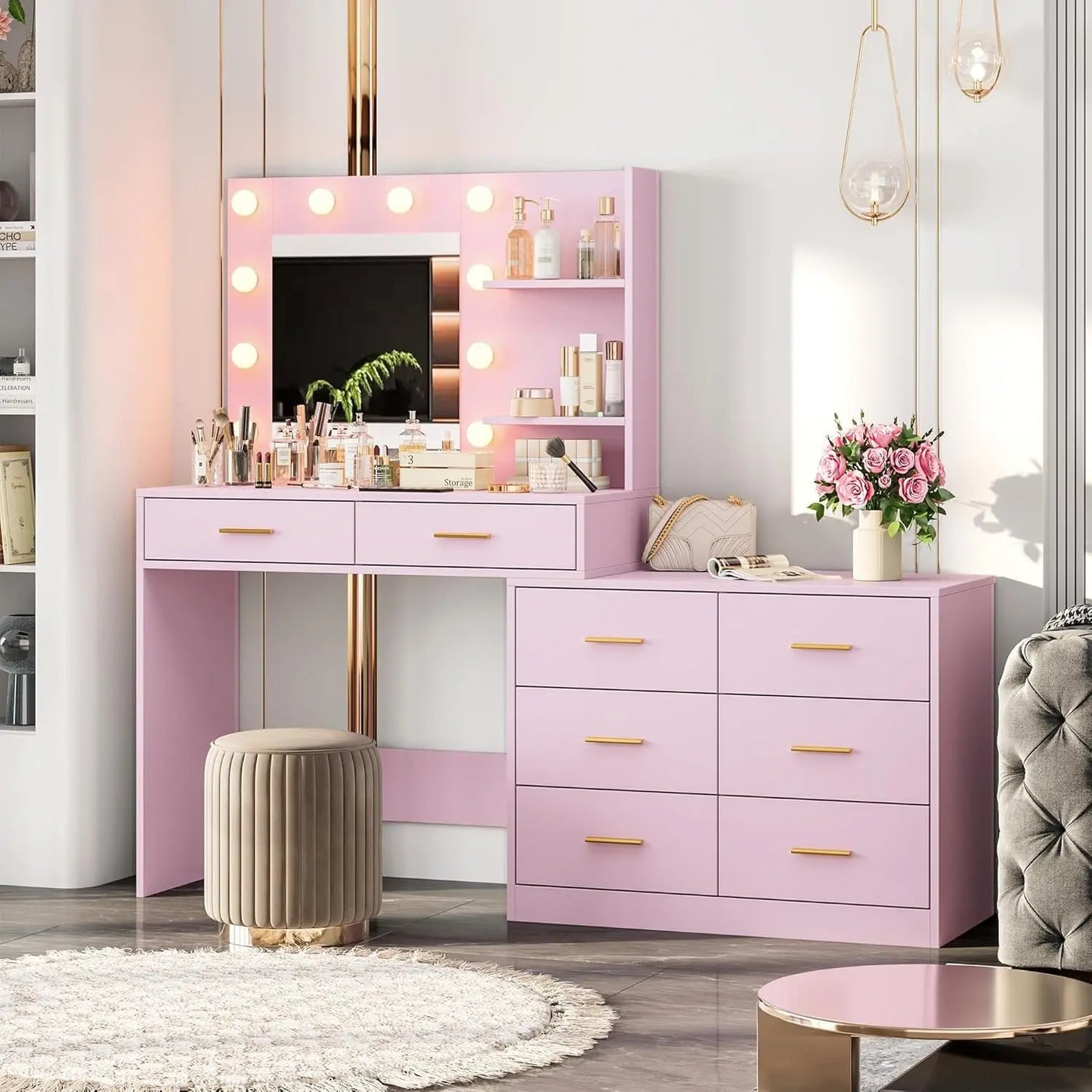 {{Pink Illuminated Vanity Desk With Premium LED  Mirror}} {{Product vendor}}
