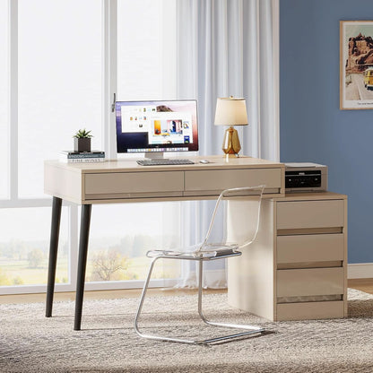 Glossy Beige Vanity Desk With Reversible FiveDrawers