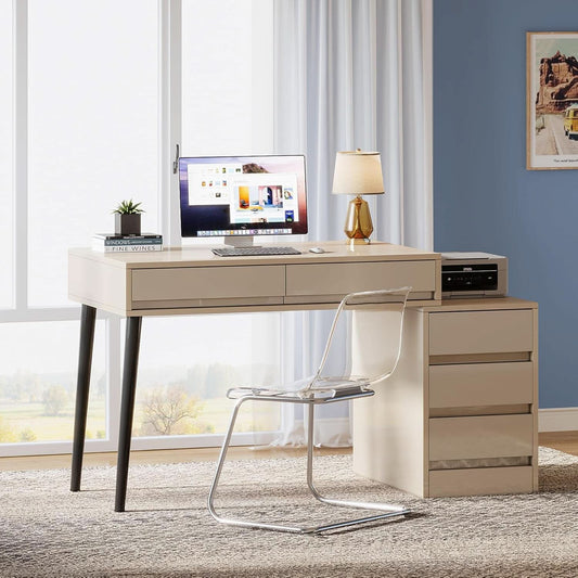 Glossy Beige Vanity Desk With Reversible FiveDrawers
