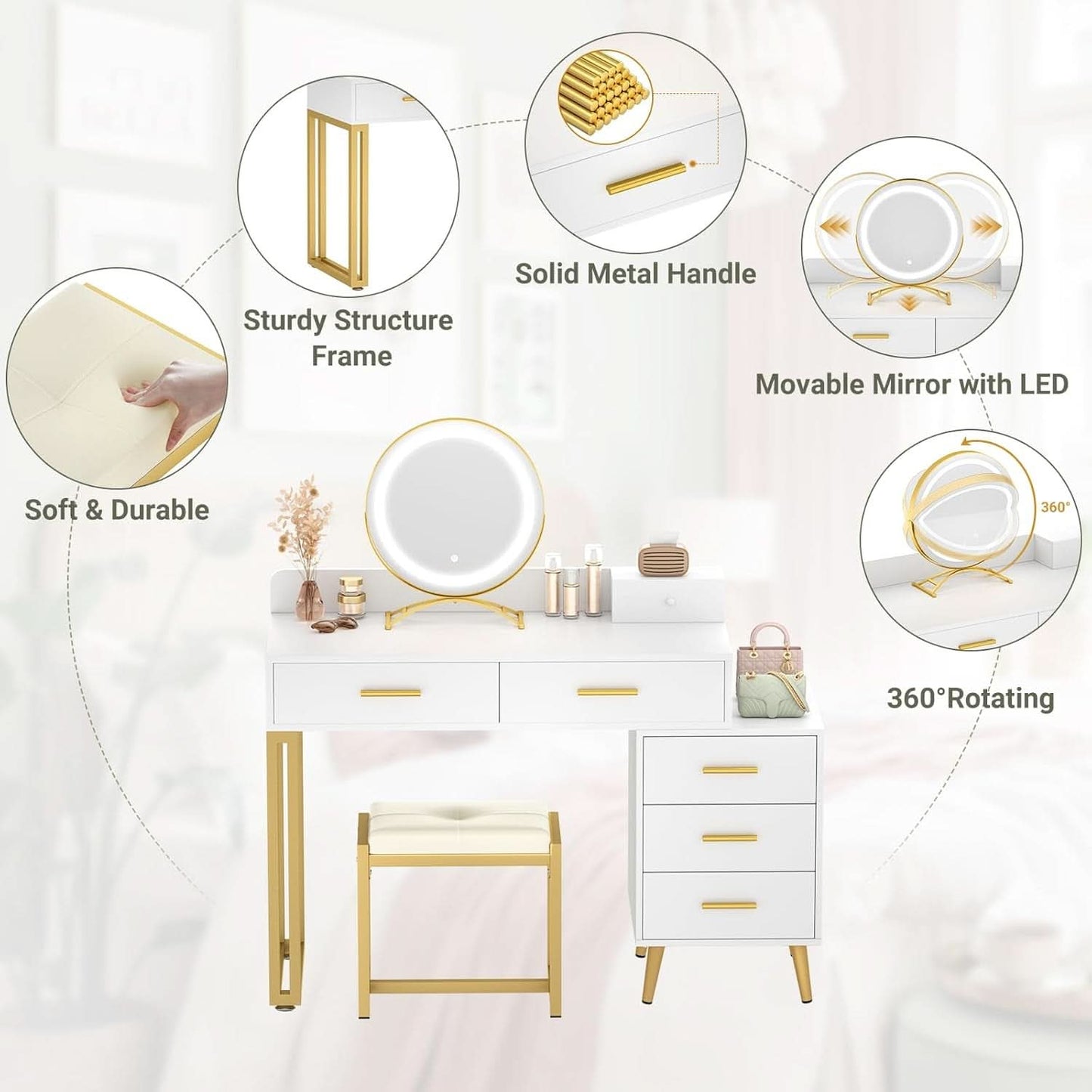 White Vanity Desk With Integrated Illuminated Mirror
