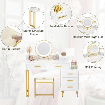White Vanity Desk With Integrated Illuminated Mirror