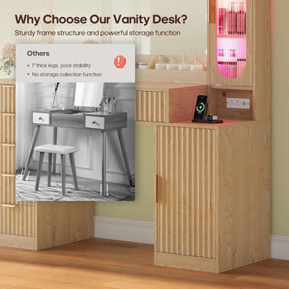 Oak Vanity Desk With 31.5 Inch Mirror Storage Cabinet