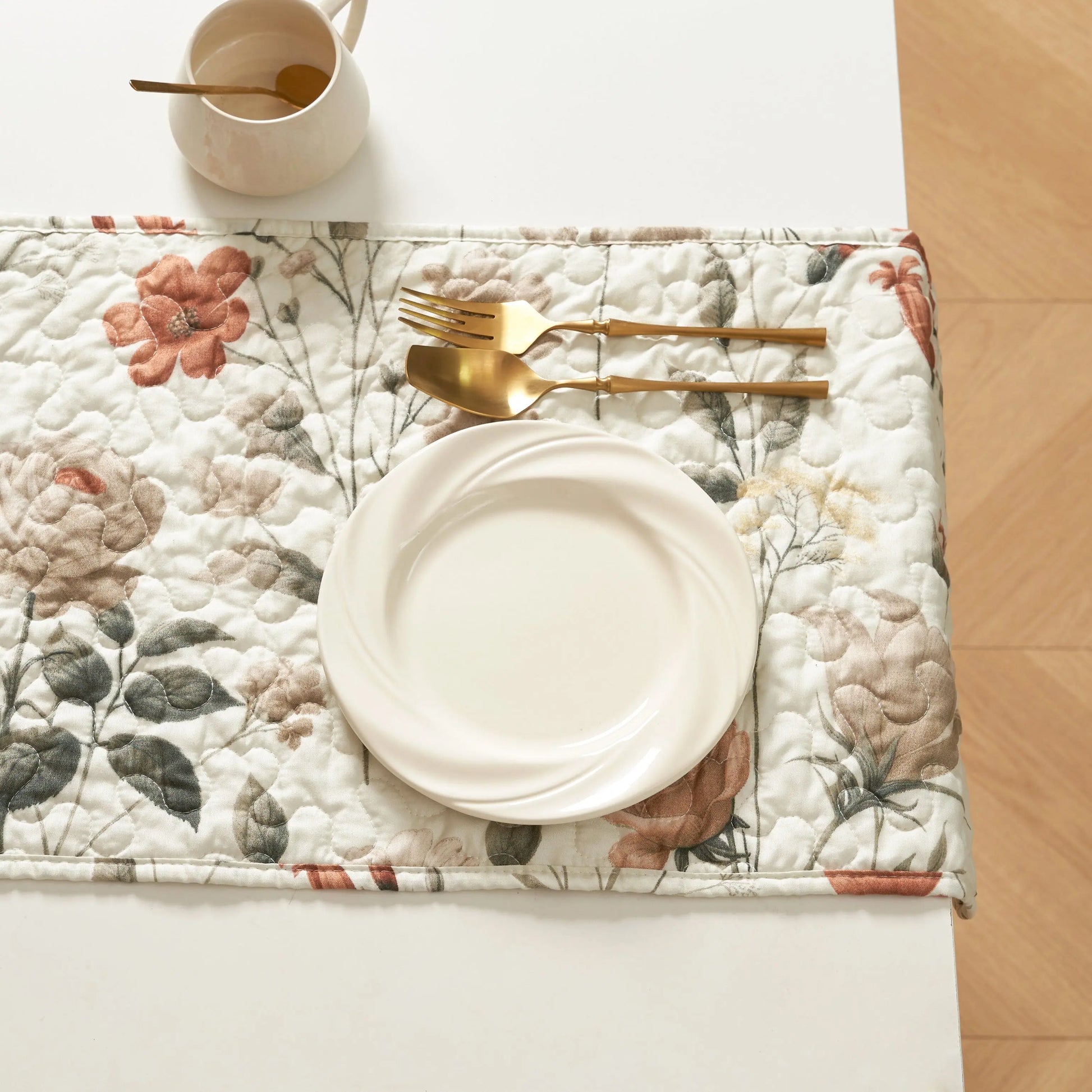 Reversible Dinner Table Runner – DaDalogy Enchanted Meadow Quilted Floral Microfiber Table Runner in Beige, Rose & Soft Olive Green DaDa Bedding Collection