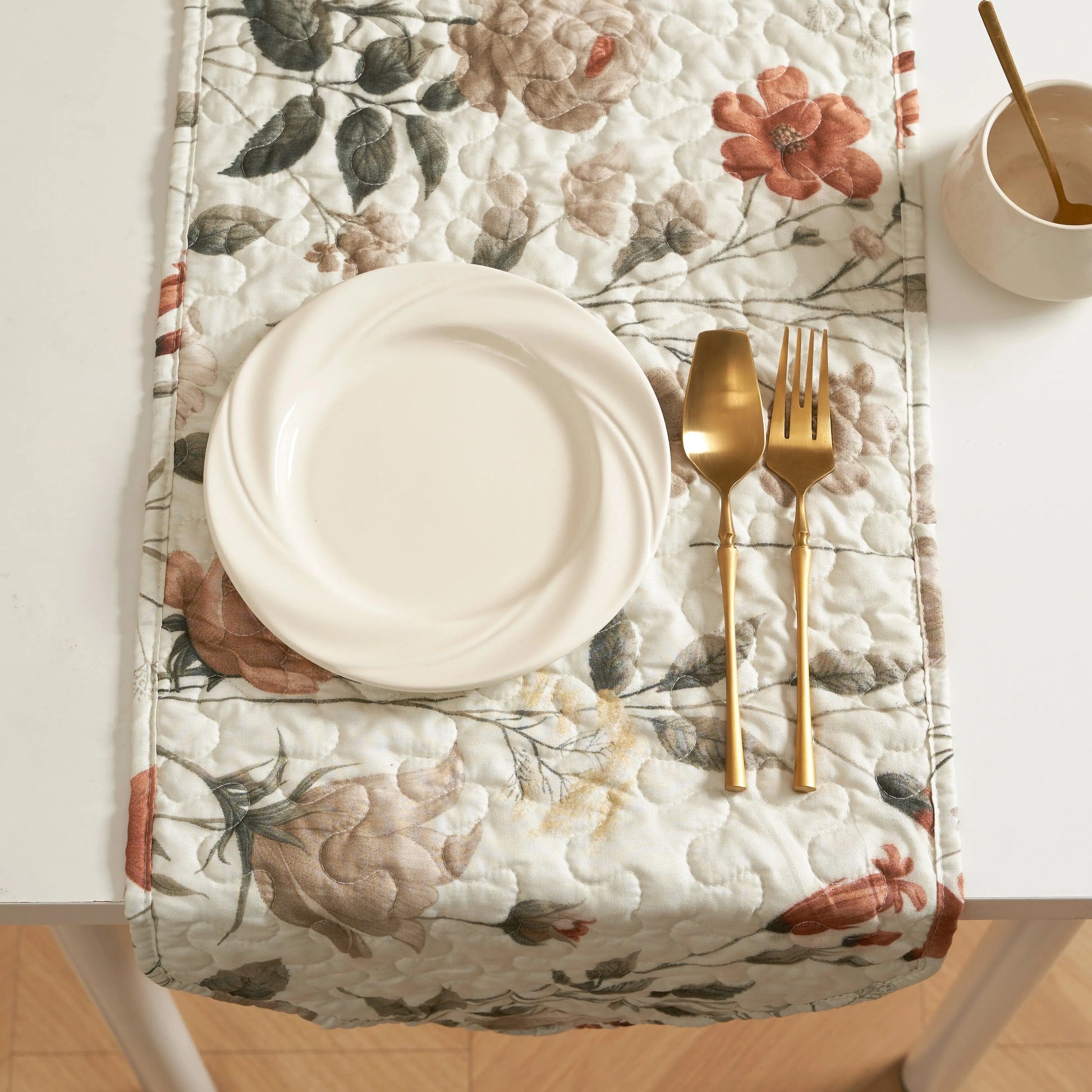 Reversible Dinner Table Runner – DaDalogy Enchanted Meadow Quilted Floral Microfiber Table Runner in Beige, Rose & Soft Olive Green DaDa Bedding Collection