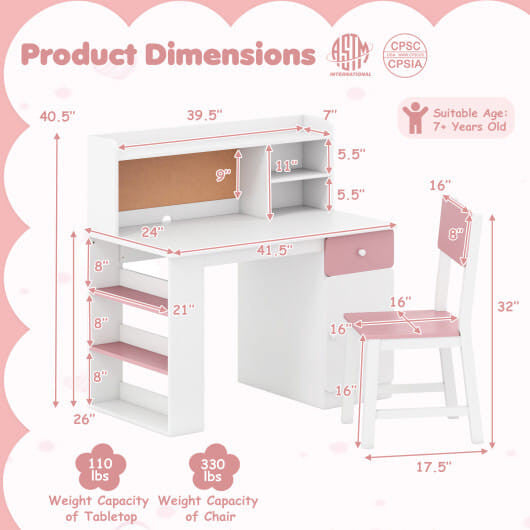 Kids Desk and Chair Set with Hutch and 3-Layer Side Shelf-White