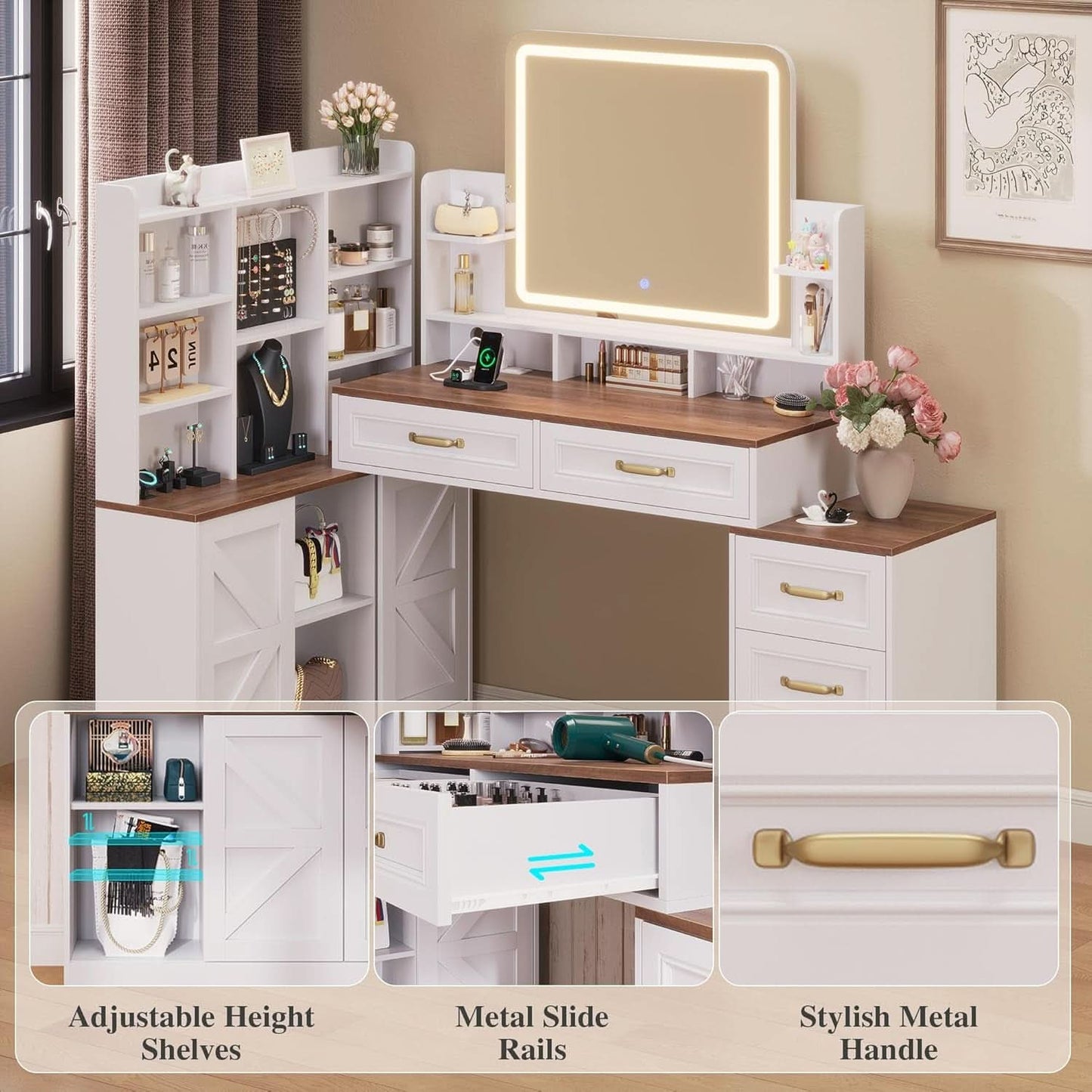 White Vanity Desk With Luxurious Illuminated Mirror