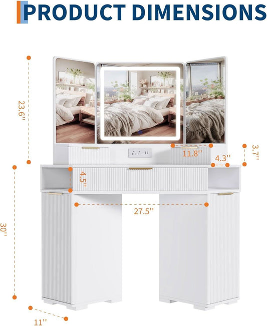 White Cornerpiece Vanity Desk With Illuminated Mirror