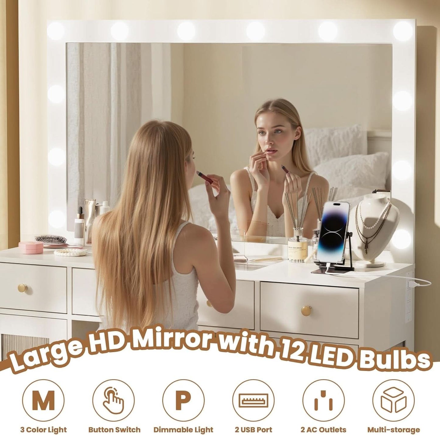 White Cosmetic Vanity Desk With Illuminated Mirror