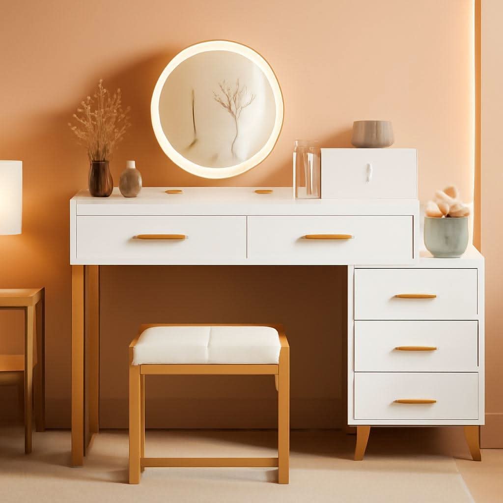 White Vanity Desk With Integrated Illuminated Mirror