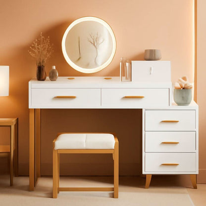 White Vanity Desk With Integrated Illuminated Mirror