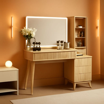 Forty EightI nch Fluted Vanity Desk Natural Oak Mirror
