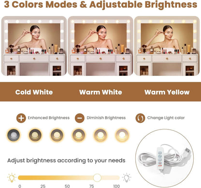White Cosmetic Vanity Desk With Illuminated Mirror