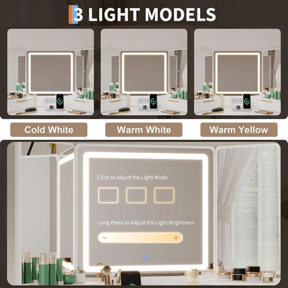 White Cornerpiece Vanity Desk With Illuminated Mirror