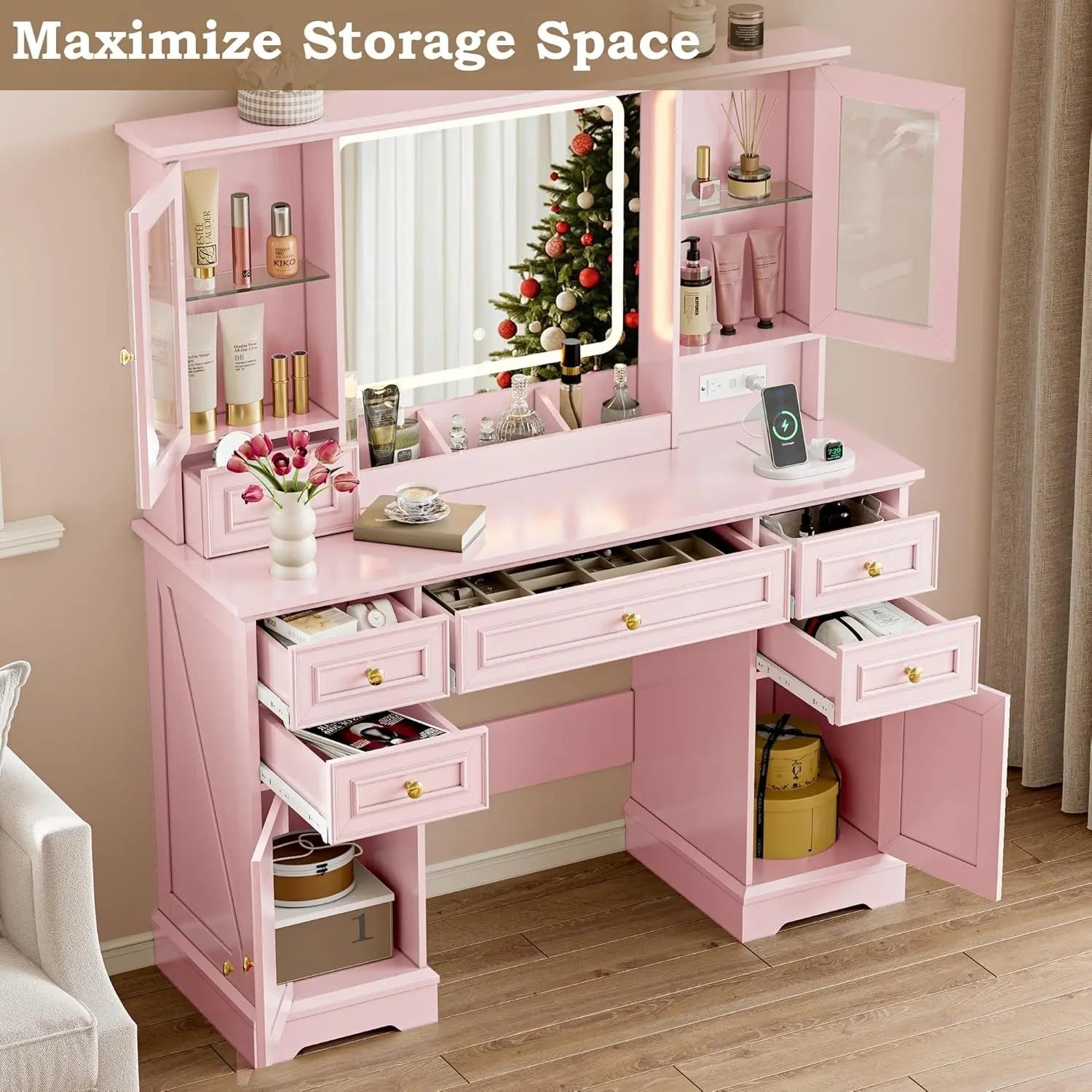 {{Pink Illuminated Vanity Desk With Premium LED  Mirror}} {{Product vendor}}