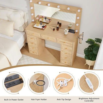 Fluted Vanity Desk Illuminated Mirror Storage Compartments