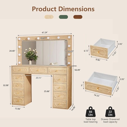 Fluted Vanity Desk Illuminated Mirror Storage Compartments