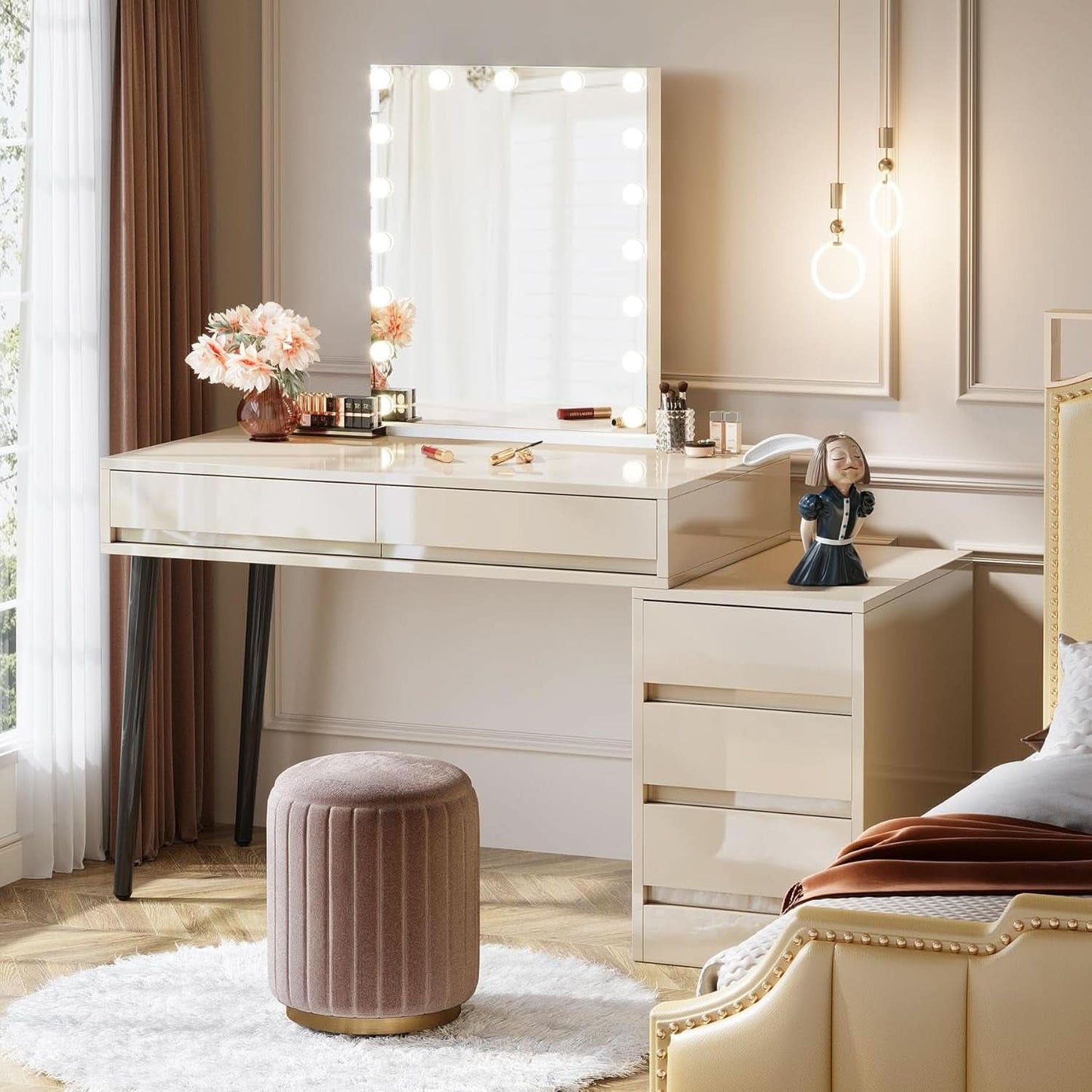 Glossy Beige Vanity Desk With Reversible FiveDrawers