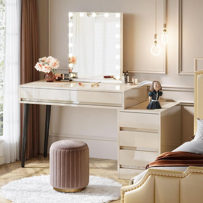 Glossy Beige Vanity Desk With Reversible FiveDrawers