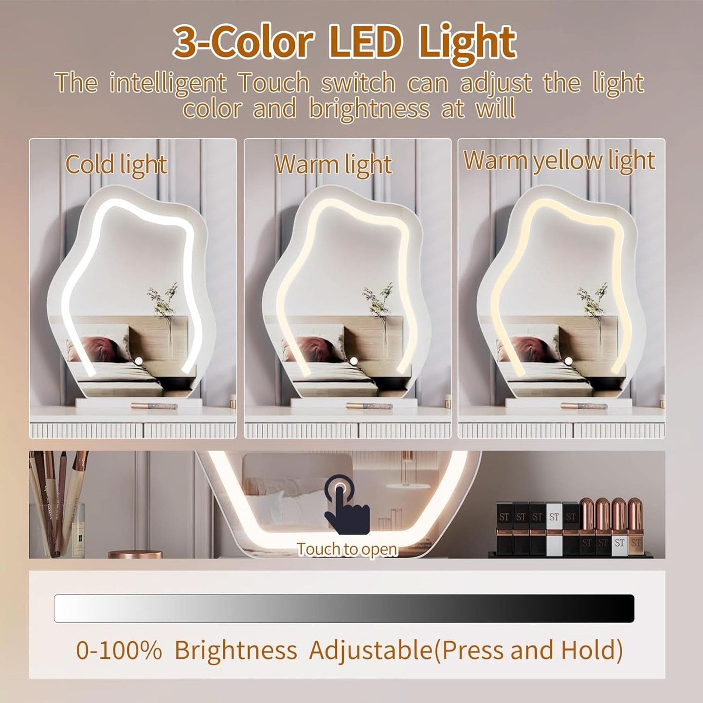 Compact Vanity Desk With Illuminated Mirror Drawers